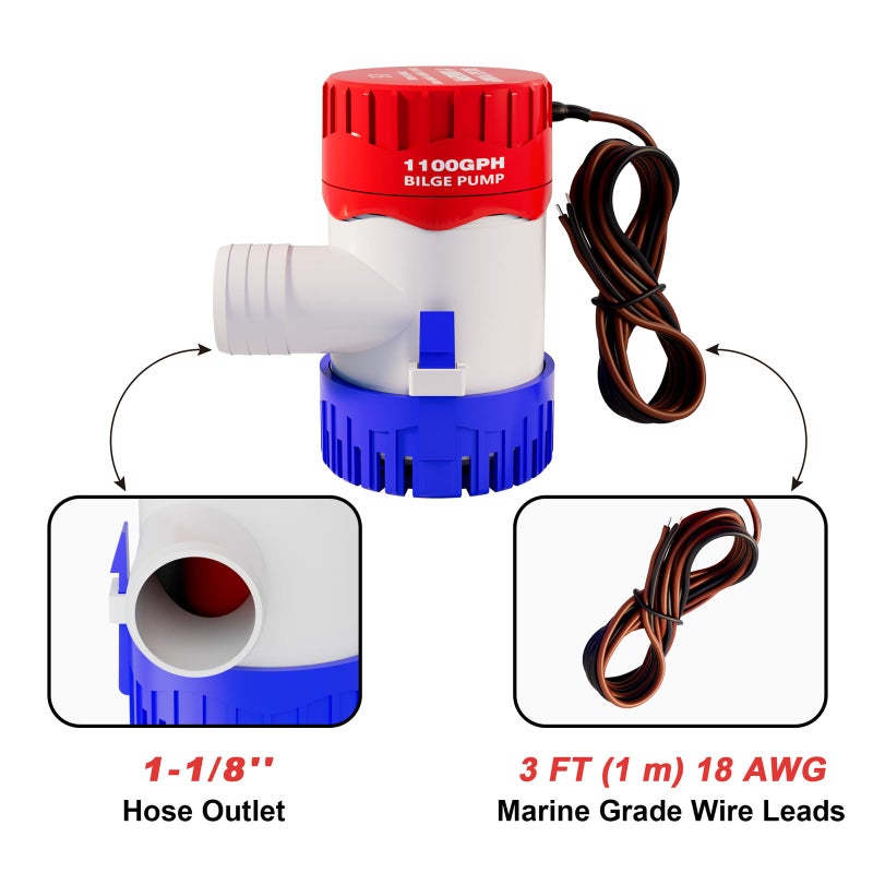 Sanuke 1100gph Bilge Pump,1-1/8" Outlet, Electric 12V Submersible Marine Water Pump Accessories Marin Boat, Non- Automatic Bilge Pump for Boats, Ponds, Pools, Spas Silent, Boat Caravan RV, Low Noise - Image 3